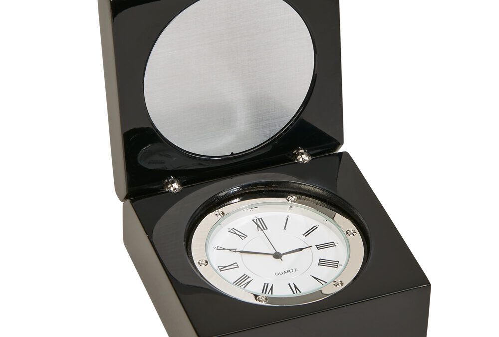 Black Square Wood Box with Clock & Engraving Plate