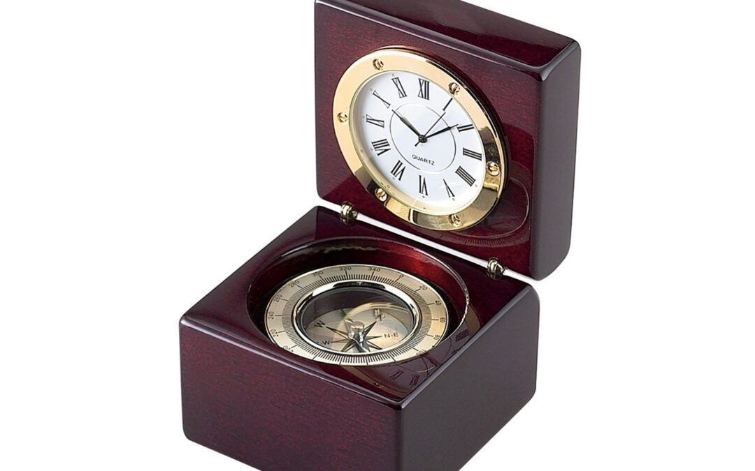 Square Wood Box With Clock & Compass