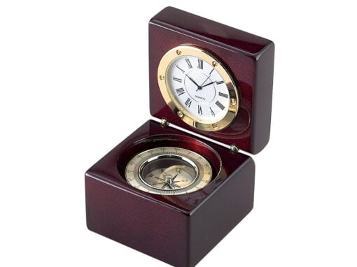 Square Wood Box With Clock & Compass