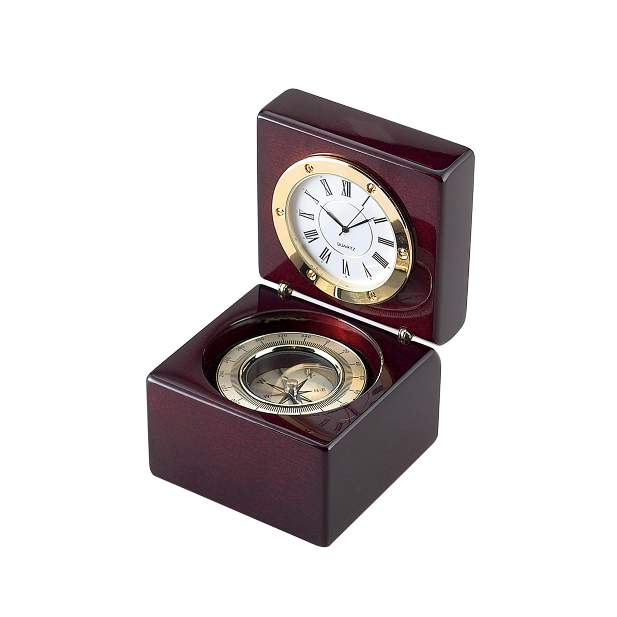 Square Wood Box With Clock & Compass